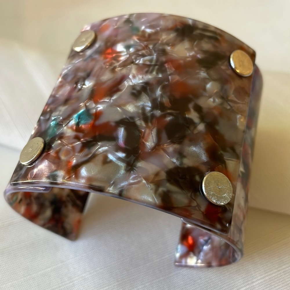 Wide pearly mosaic lucite paneled cuff bracelet